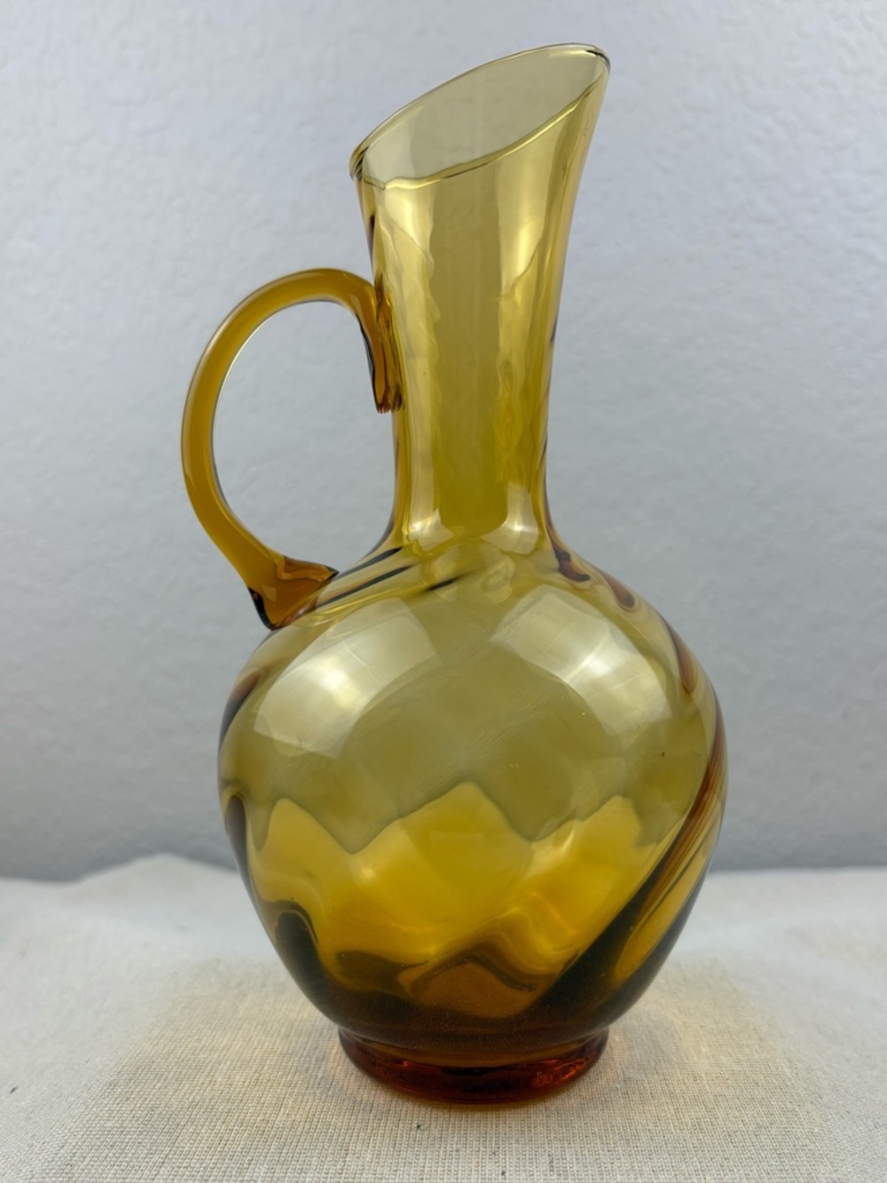 Vintage Mid-Century Modern Handblown Amber Art Glass Pitcher